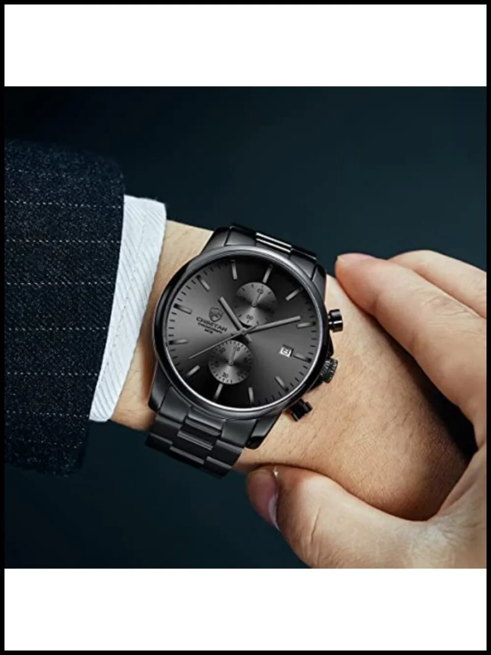 Mens Stainless Steel Chronograph Quartz Watch Waterproof Business Auto Date